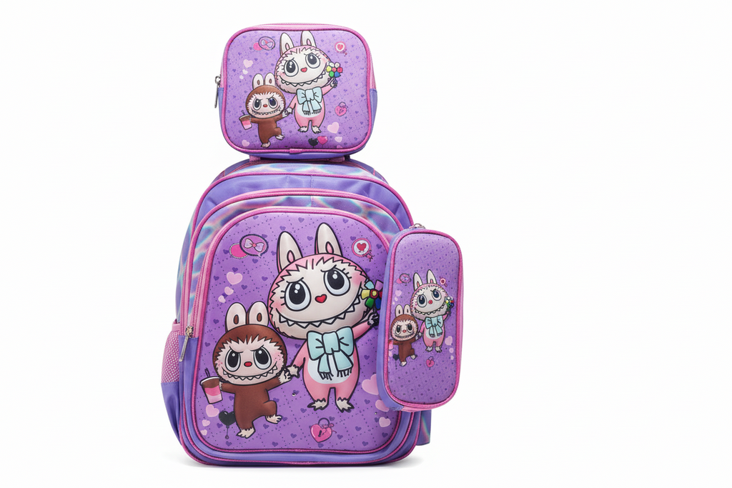 Tripack Mochila +lonchera +estuche Labubu Morado