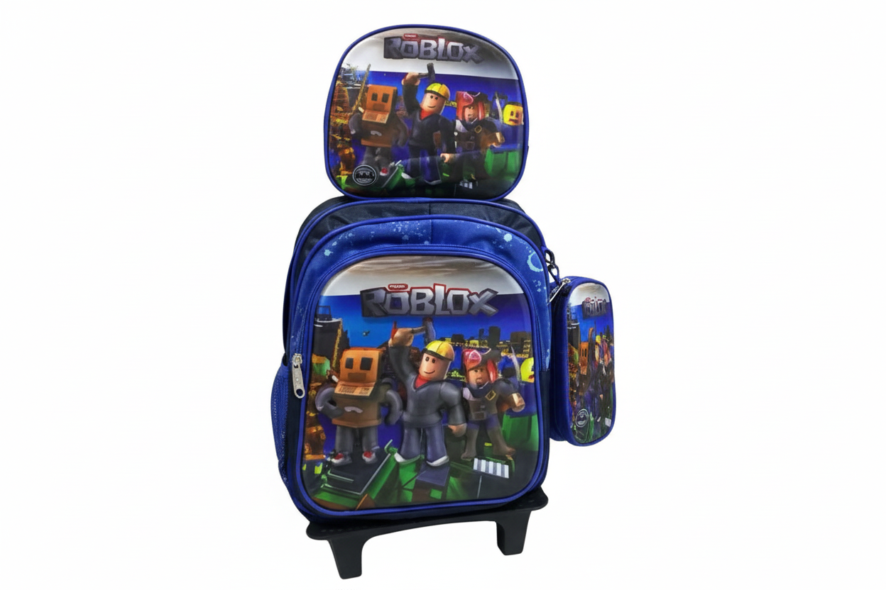 Tripack Mochila + lonchera + estuche con carro Roblox