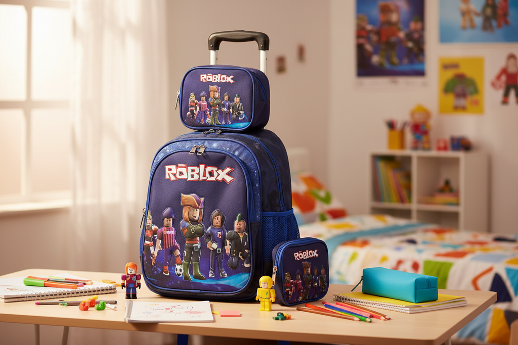 Tripack Mochila + lonchera + estuche con carro Roblox