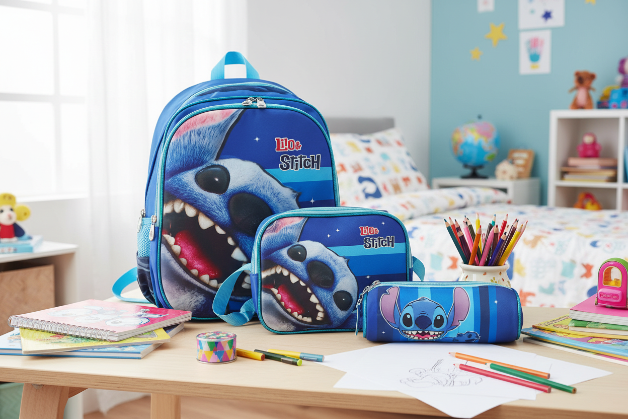 Tripack Mochila + lonchera + estuche Stitch