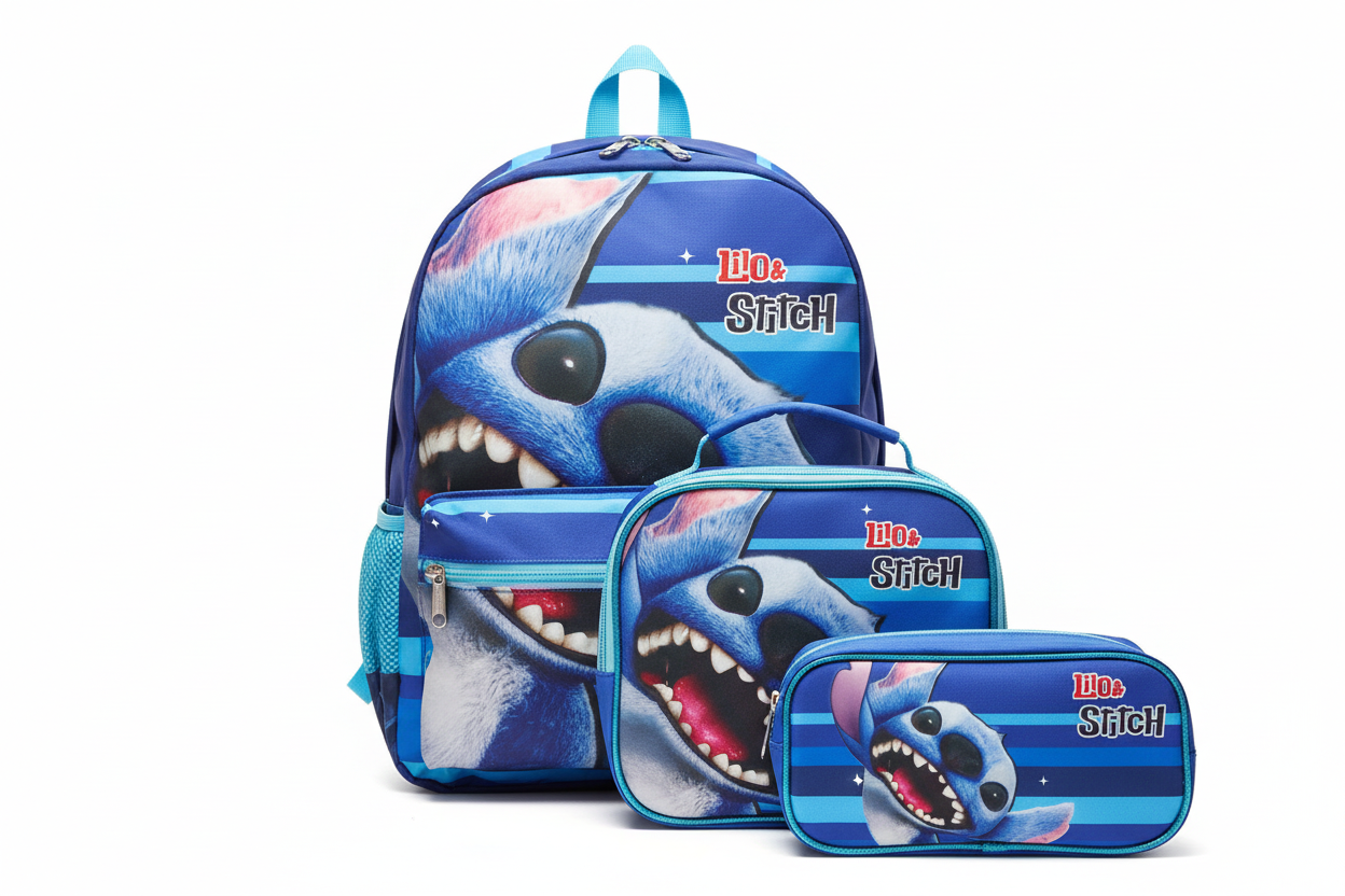 Tripack Mochila + lonchera + estuche Stitch